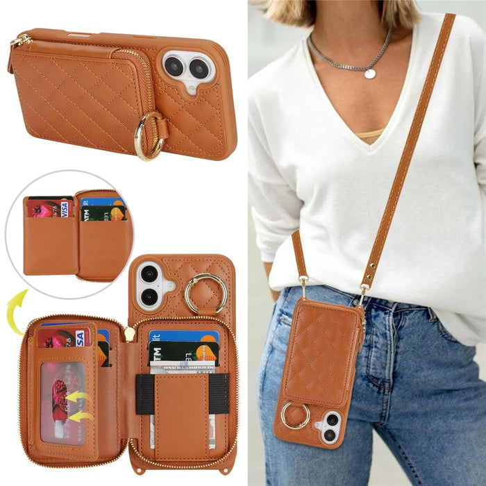 For iPhone 16 Case Ring Holder Zipper Pocket Kickstand Leather Back Phone Cover with Shoulder Strap - Brown - 6