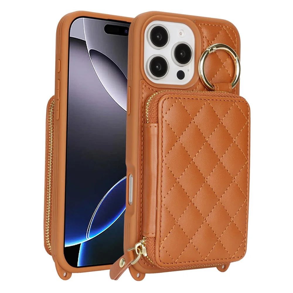 For iPhone 16 Pro Case Ring Holder Zipper Pocket Kickstand Leather Back Phone Cover with Shoulder Strap - Brown - 1