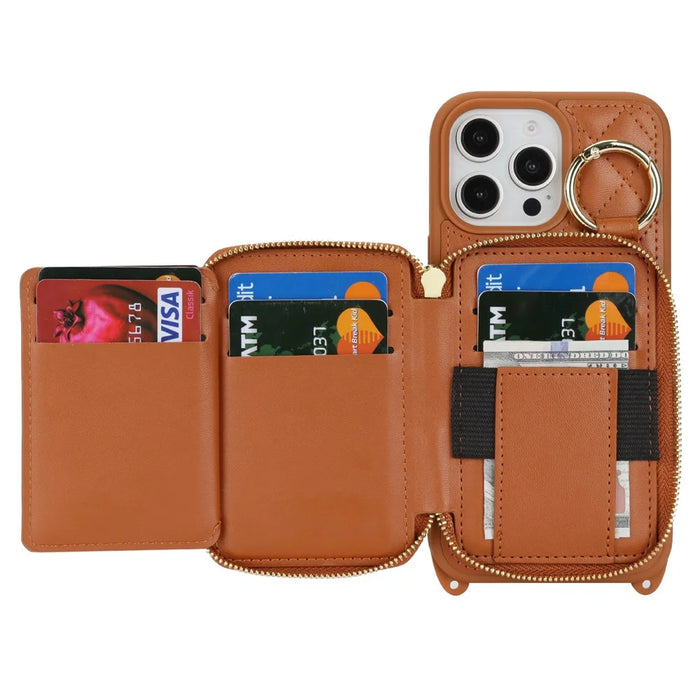 For iPhone 16 Pro Case Ring Holder Zipper Pocket Kickstand Leather Back Phone Cover with Shoulder Strap - Brown - 4