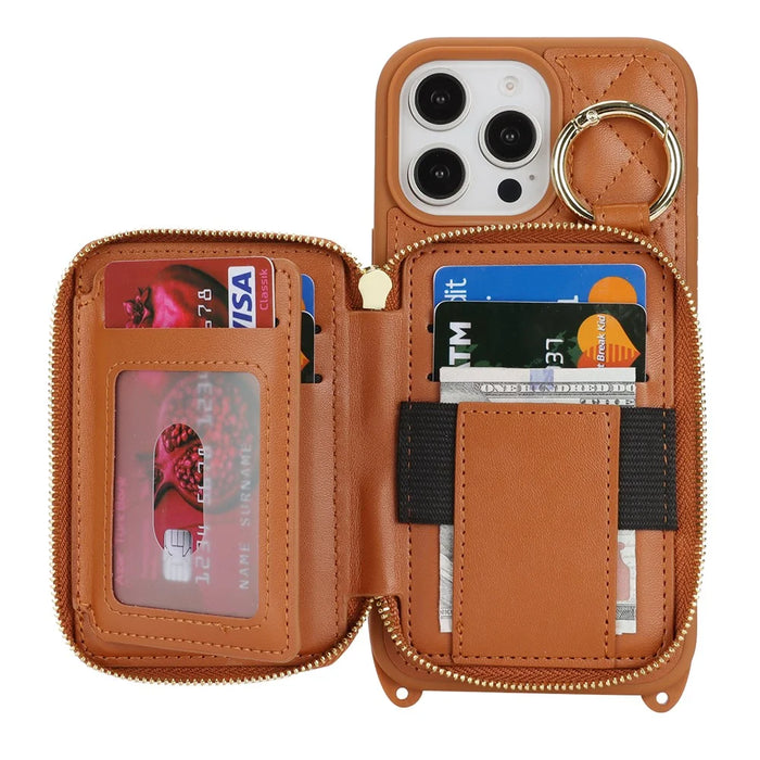 For iPhone 16 Pro Case Ring Holder Zipper Pocket Kickstand Leather Back Phone Cover with Shoulder Strap - Brown - 5
