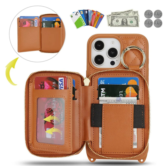 For iPhone 16 Pro Case Ring Holder Zipper Pocket Kickstand Leather Back Phone Cover with Shoulder Strap - Brown - 7