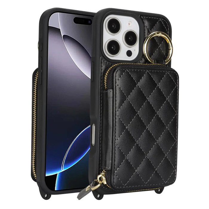 For iPhone 16 Pro Max Case Ring Holder Zipper Pocket Kickstand Leather Back Phone Cover with Shoulder Strap - Black - 1