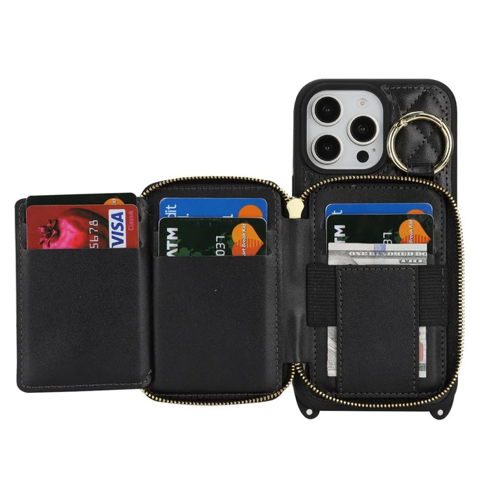 For iPhone 16 Pro Max Case Ring Holder Zipper Pocket Kickstand Leather Back Phone Cover with Shoulder Strap - Black - 4