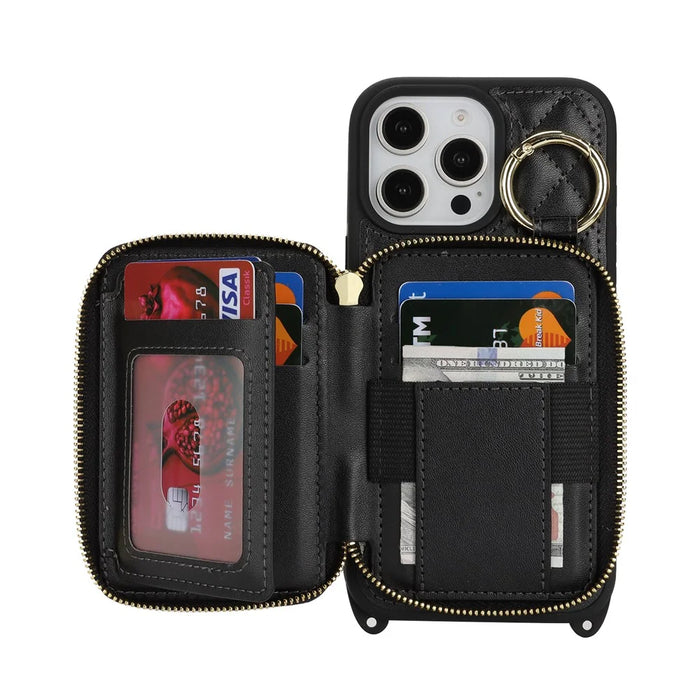 For iPhone 16 Pro Max Case Ring Holder Zipper Pocket Kickstand Leather Back Phone Cover with Shoulder Strap - Black - 5