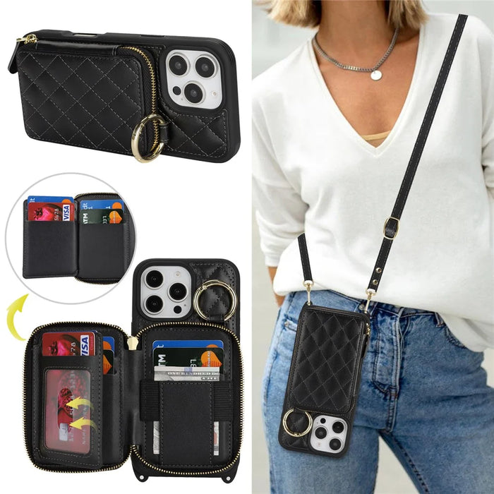 For iPhone 16 Pro Max Case Ring Holder Zipper Pocket Kickstand Leather Back Phone Cover with Shoulder Strap - Black - 6