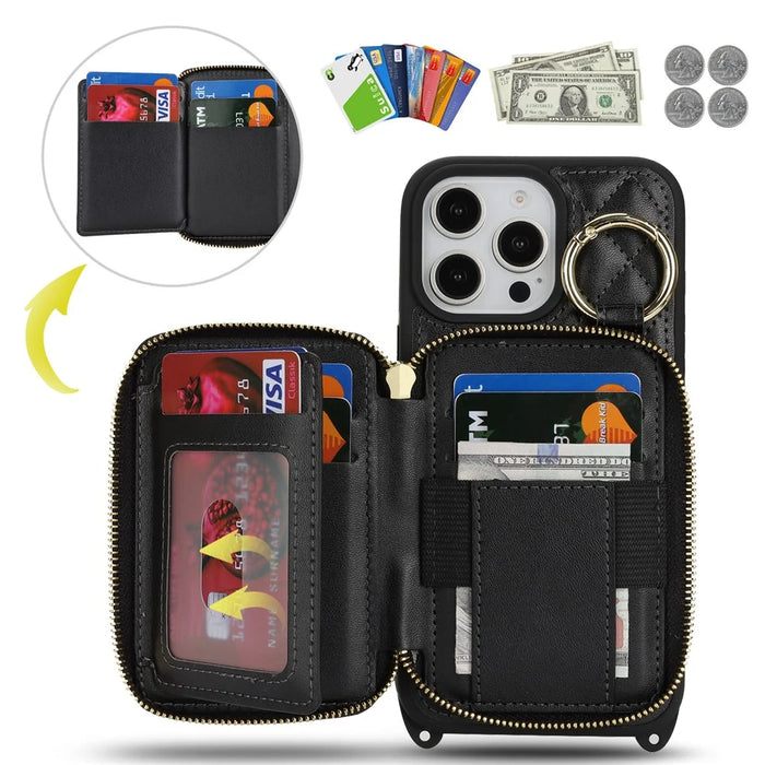 For iPhone 16 Pro Max Case Ring Holder Zipper Pocket Kickstand Leather Back Phone Cover with Shoulder Strap - Black - 7