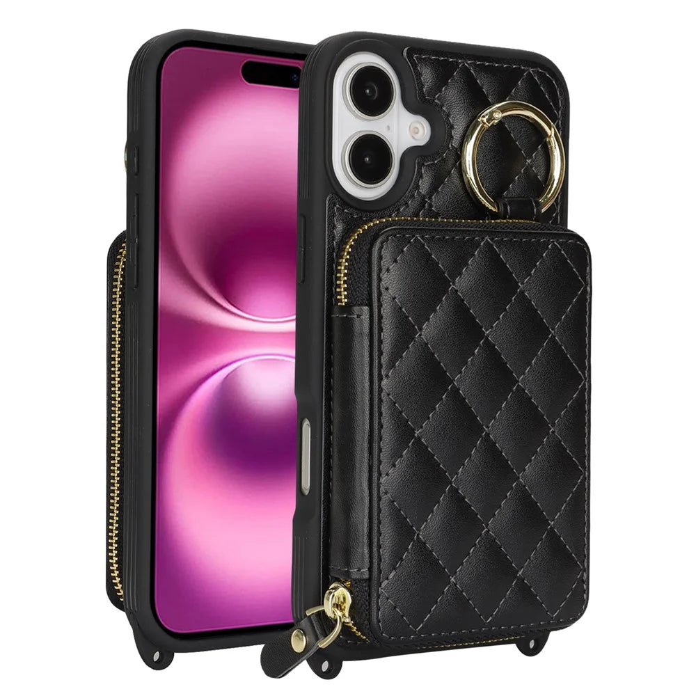 For iPhone 16 Plus Case Ring Holder Zipper Pocket Kickstand Leather Back Phone Cover with Shoulder Strap - Black - 1