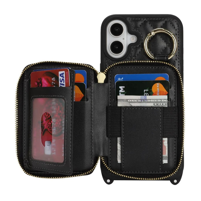 For iPhone 16 Plus Case Ring Holder Zipper Pocket Kickstand Leather Back Phone Cover with Shoulder Strap - Black - 2