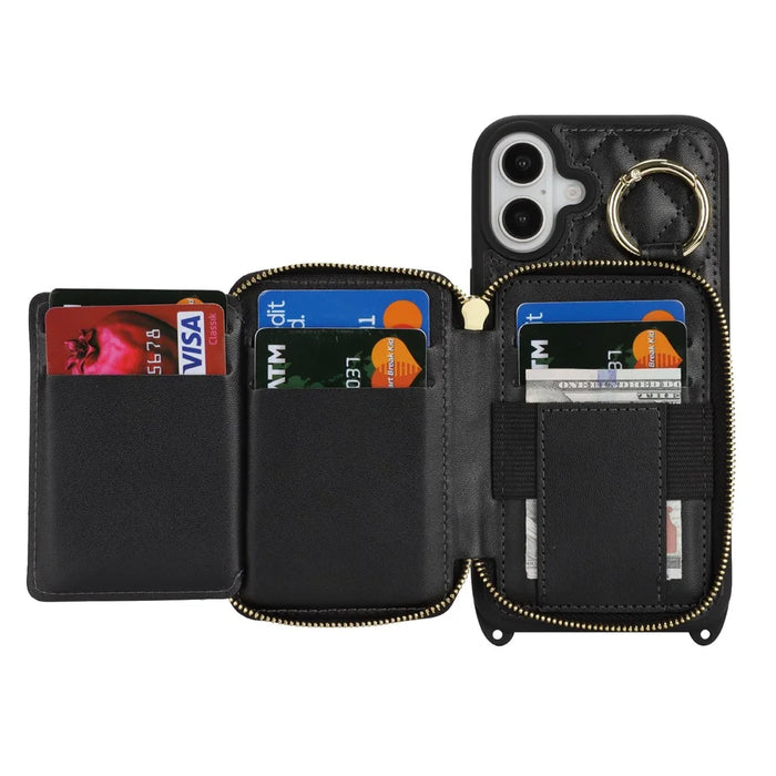 For iPhone 16 Plus Case Ring Holder Zipper Pocket Kickstand Leather Back Phone Cover with Shoulder Strap - Black - 5
