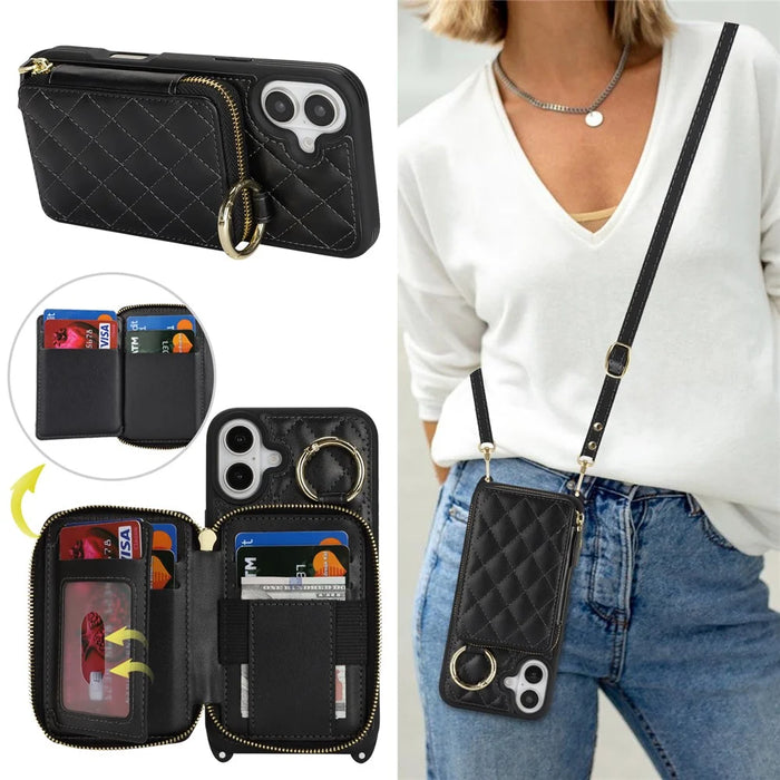 For iPhone 16 Plus Case Ring Holder Zipper Pocket Kickstand Leather Back Phone Cover with Shoulder Strap - Black - 6