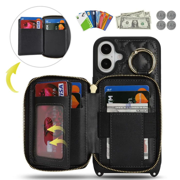 For iPhone 16 Plus Case Ring Holder Zipper Pocket Kickstand Leather Back Phone Cover with Shoulder Strap - Black - 7