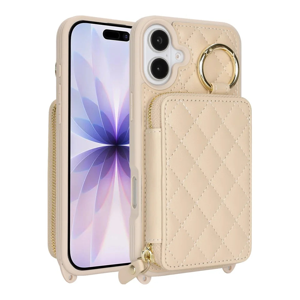 For iPhone 17 Case Ring Holder Zipper Pocket Kickstand Leather Back Phone Cover with Shoulder Strap - Beige - 1