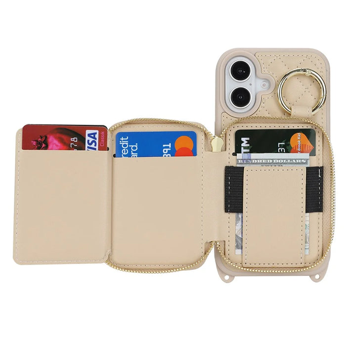 For iPhone 17 Case Ring Holder Zipper Pocket Kickstand Leather Back Phone Cover with Shoulder Strap - Beige - 2
