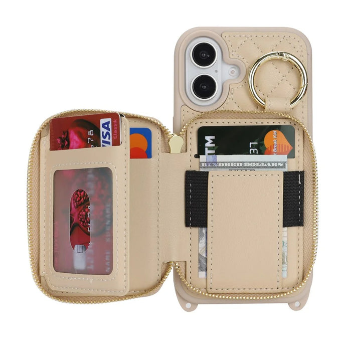 For iPhone 17 Case Ring Holder Zipper Pocket Kickstand Leather Back Phone Cover with Shoulder Strap - Beige - 3