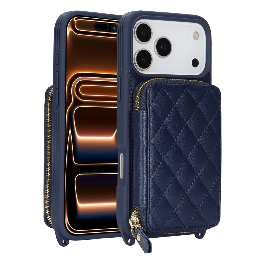 For iPhone 18 Pro / 17 Pro Case Ring Holder Zipper Pocket Kickstand Leather Back Phone Cover with Shoulder Strap - Blue - 1