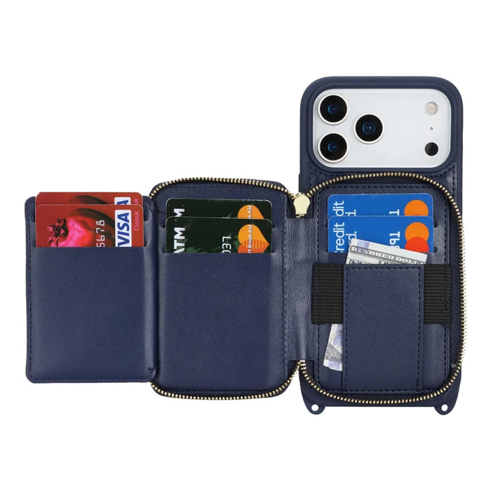 For iPhone 18 Pro / 17 Pro Case Ring Holder Zipper Pocket Kickstand Leather Back Phone Cover with Shoulder Strap - Blue - 2