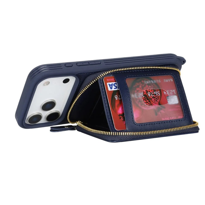 For iPhone 18 Pro / 17 Pro Case Ring Holder Zipper Pocket Kickstand Leather Back Phone Cover with Shoulder Strap - Blue - 3