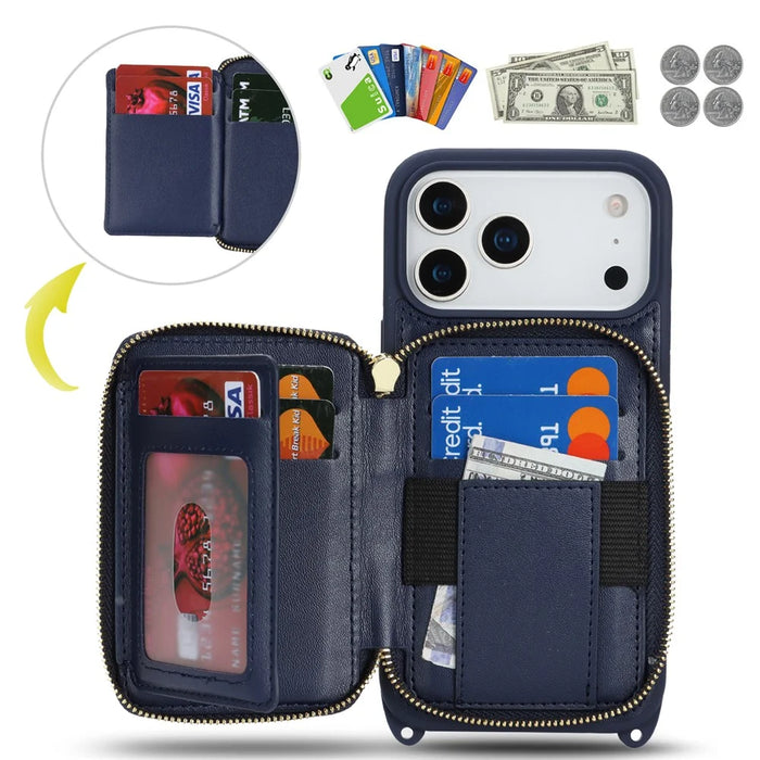 For iPhone 18 Pro / 17 Pro Case Ring Holder Zipper Pocket Kickstand Leather Back Phone Cover with Shoulder Strap - Blue - 5