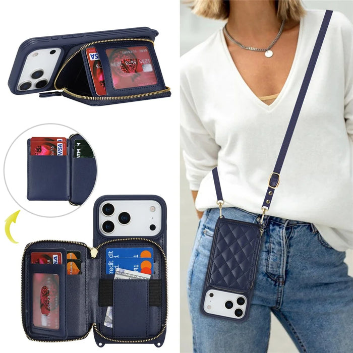 For iPhone 18 Pro / 17 Pro Case Ring Holder Zipper Pocket Kickstand Leather Back Phone Cover with Shoulder Strap - Blue - 6