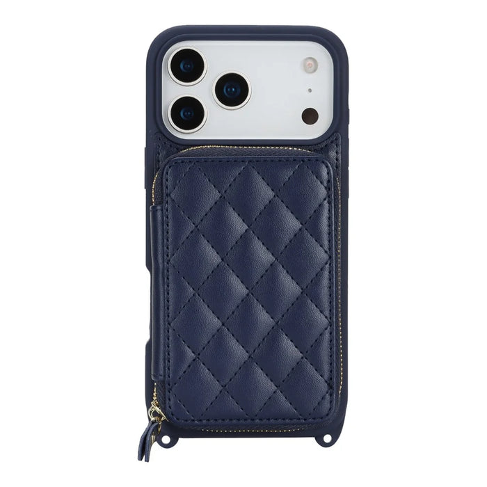 For iPhone 18 Pro / 17 Pro Case Ring Holder Zipper Pocket Kickstand Leather Back Phone Cover with Shoulder Strap - Blue - 7