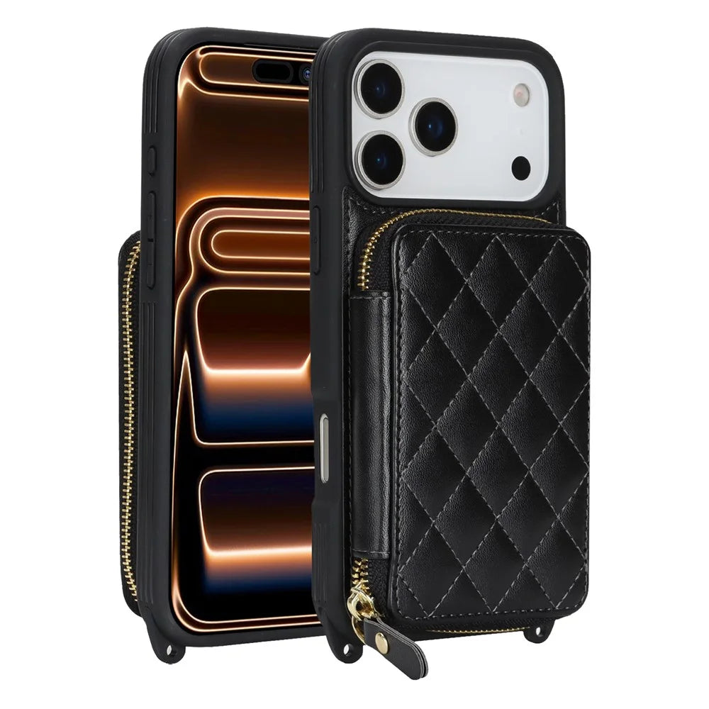 For iPhone 18 Pro Max / 17 Pro Max Case Ring Holder Zipper Pocket Kickstand Leather Back Phone Cover with Shoulder Strap - Black - 1
