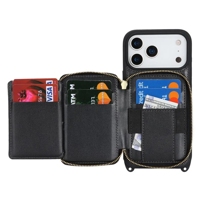 For iPhone 18 Pro Max / 17 Pro Max Case Ring Holder Zipper Pocket Kickstand Leather Back Phone Cover with Shoulder Strap - Black - 2