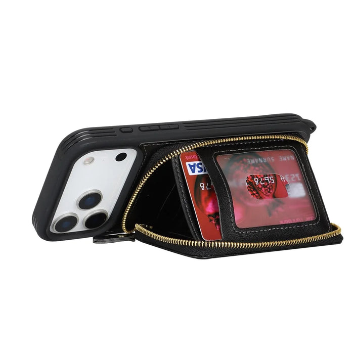 For iPhone 18 Pro Max / 17 Pro Max Case Ring Holder Zipper Pocket Kickstand Leather Back Phone Cover with Shoulder Strap - Black - 3