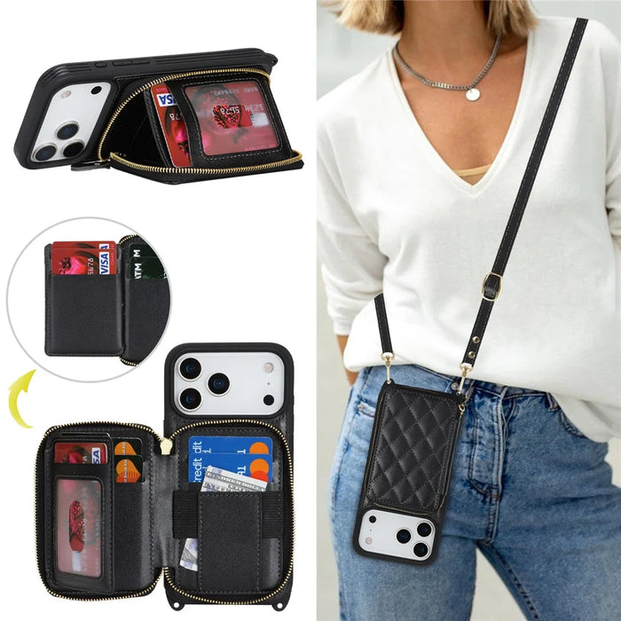 For iPhone 18 Pro Max / 17 Pro Max Case Ring Holder Zipper Pocket Kickstand Leather Back Phone Cover with Shoulder Strap - Black - 6