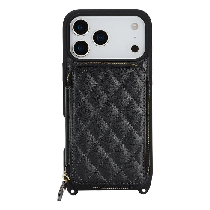 For iPhone 18 Pro Max / 17 Pro Max Case Ring Holder Zipper Pocket Kickstand Leather Back Phone Cover with Shoulder Strap - Black - 7
