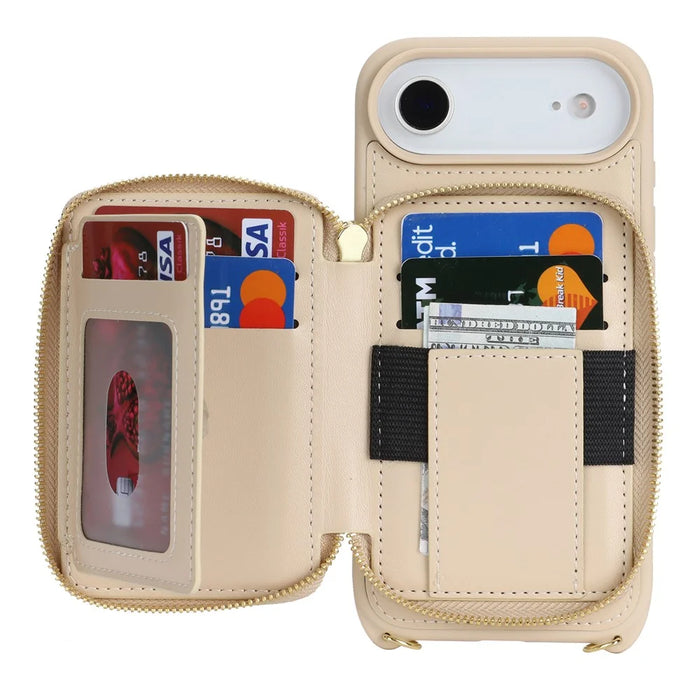 For iPhone Air Case Ring Holder Zipper Pocket Kickstand Leather Back Phone Cover with Shoulder Strap - Beige - 2