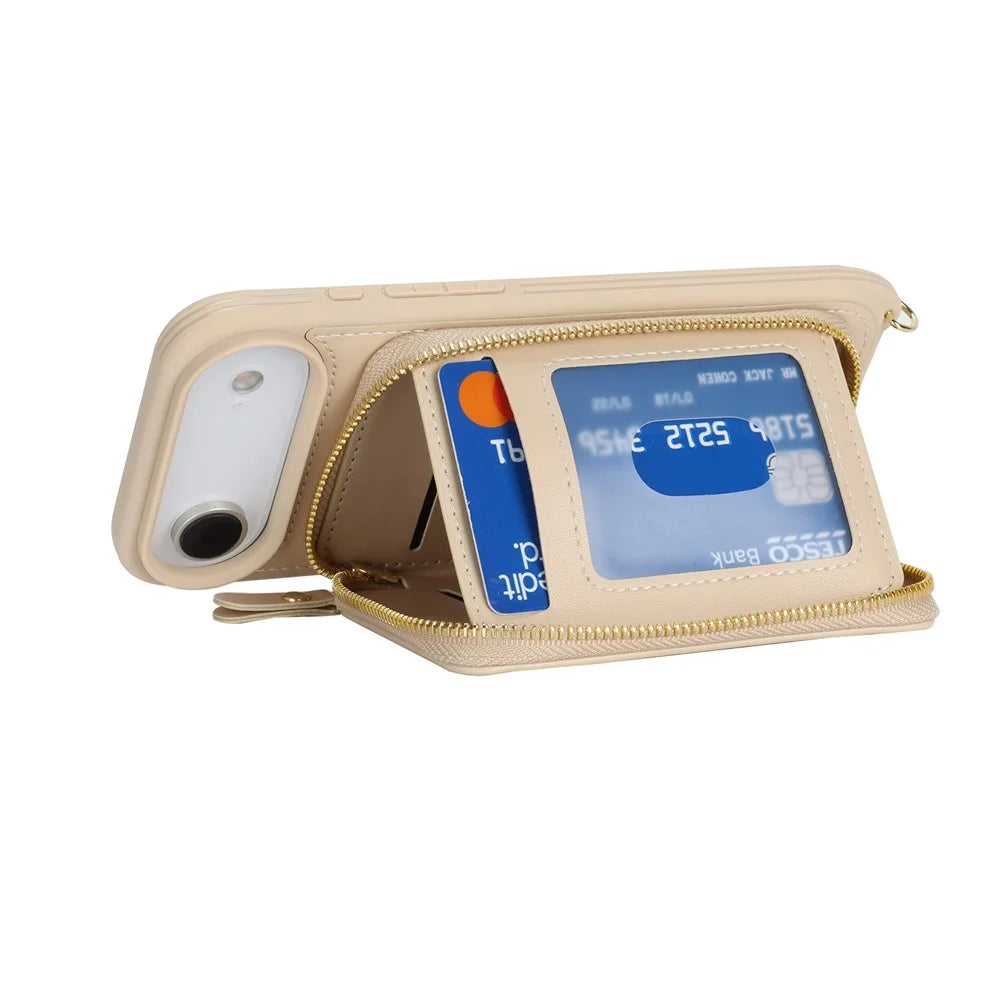 For iPhone Air Case Ring Holder Zipper Pocket Kickstand Leather Back Phone Cover with Shoulder Strap - Beige - 4