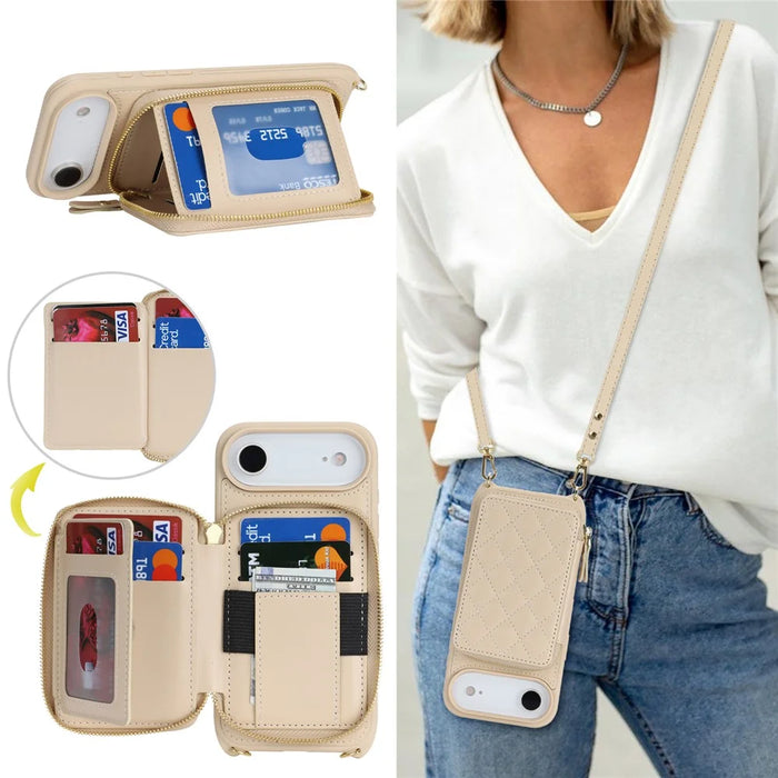 For iPhone Air Case Ring Holder Zipper Pocket Kickstand Leather Back Phone Cover with Shoulder Strap - Beige - 5