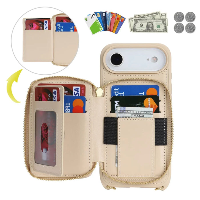 For iPhone Air Case Ring Holder Zipper Pocket Kickstand Leather Back Phone Cover with Shoulder Strap - Beige - 6