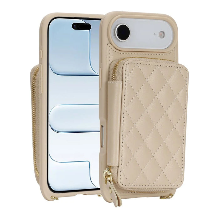 For iPhone Air Case Ring Holder Zipper Pocket Kickstand Leather Back Phone Cover with Shoulder Strap - Beige - 7