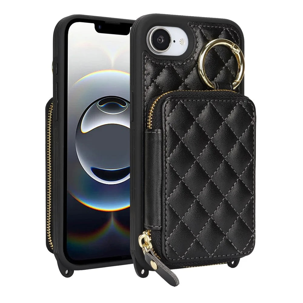 For iPhone 17e / 16e Case Ring Holder Zipper Pocket Kickstand Leather Back Phone Cover with Shoulder Strap - Black - 1