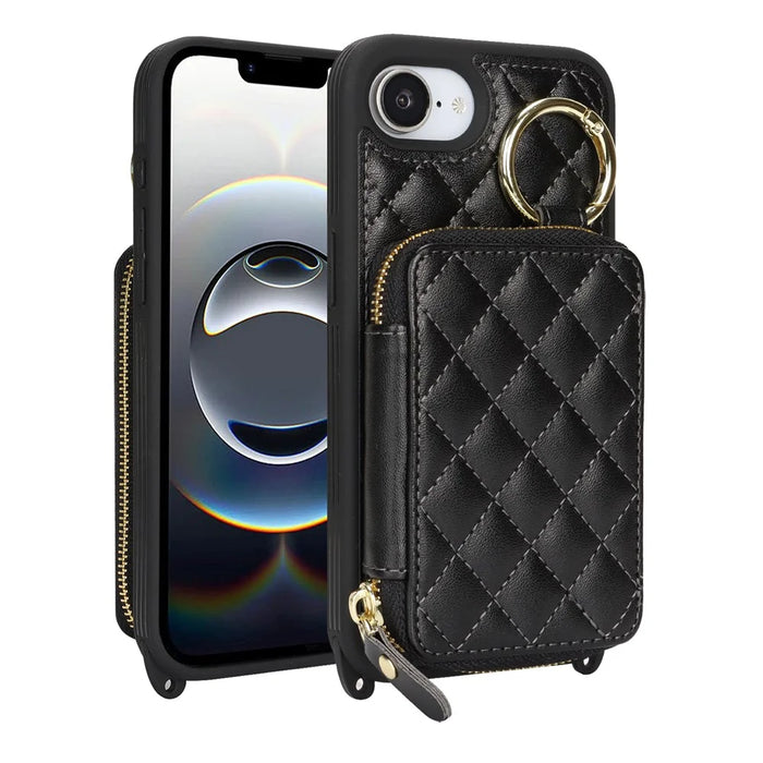 For iPhone 17e / 16e Case Ring Holder Zipper Pocket Kickstand Leather Back Phone Cover with Shoulder Strap - Black - 1
