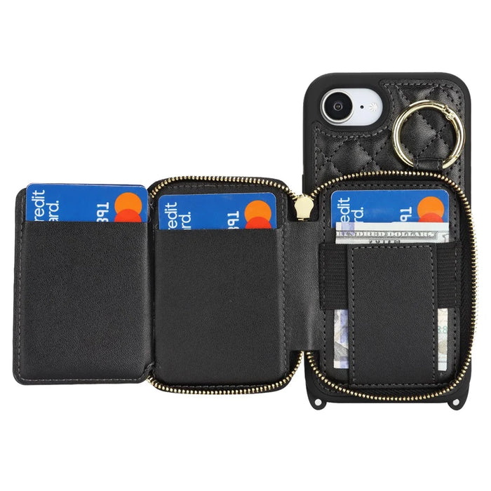 For iPhone 17e / 16e Case Ring Holder Zipper Pocket Kickstand Leather Back Phone Cover with Shoulder Strap - Black - 2