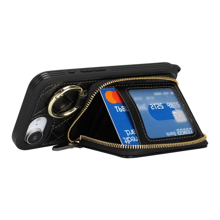 For iPhone 17e / 16e Case Ring Holder Zipper Pocket Kickstand Leather Back Phone Cover with Shoulder Strap - Black - 3