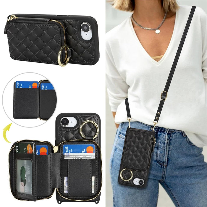 For iPhone 17e / 16e Case Ring Holder Zipper Pocket Kickstand Leather Back Phone Cover with Shoulder Strap - Black - 6