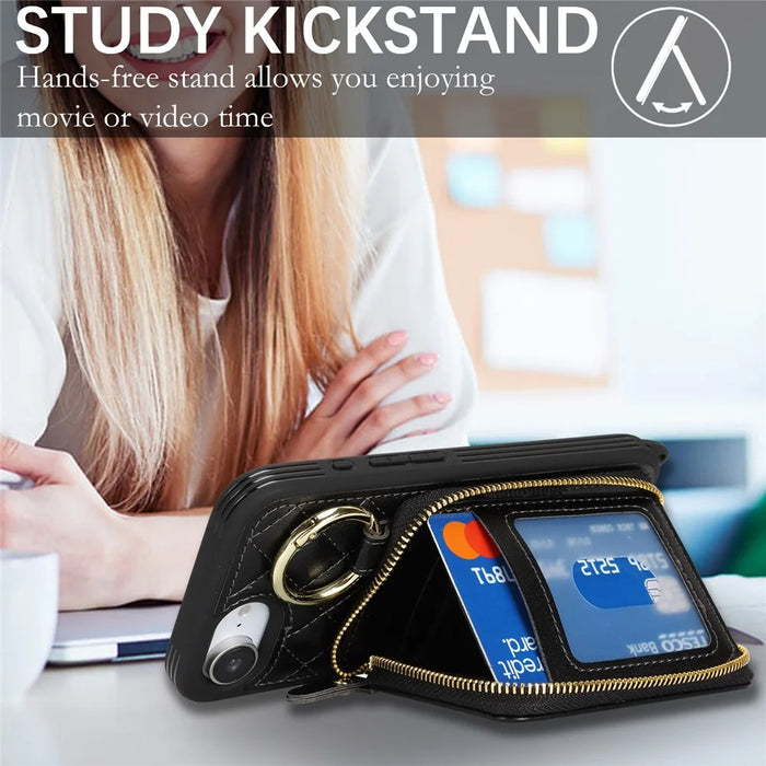 For iPhone 17e / 16e Case Ring Holder Zipper Pocket Kickstand Leather Back Phone Cover with Shoulder Strap - Black - 7