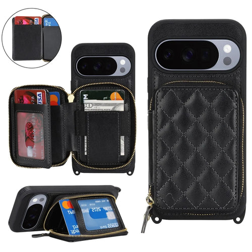 For Google Pixel 10 / 10 Pro Case Ring Holder Zipper Pocket Kickstand Leather Back Phone Cover with Shoulder Strap - Black - 1
