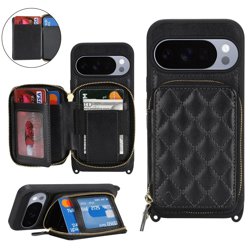 For Google Pixel 10 / 10 Pro Case Ring Holder Zipper Pocket Kickstand Leather Back Phone Cover with Shoulder Strap - Black - 1