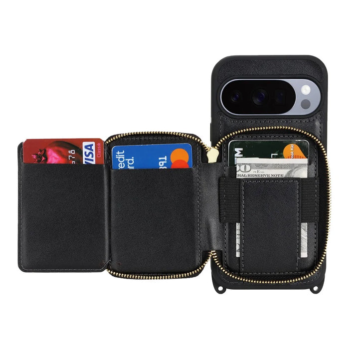 For Google Pixel 10 / 10 Pro Case Ring Holder Zipper Pocket Kickstand Leather Back Phone Cover with Shoulder Strap - Black - 3