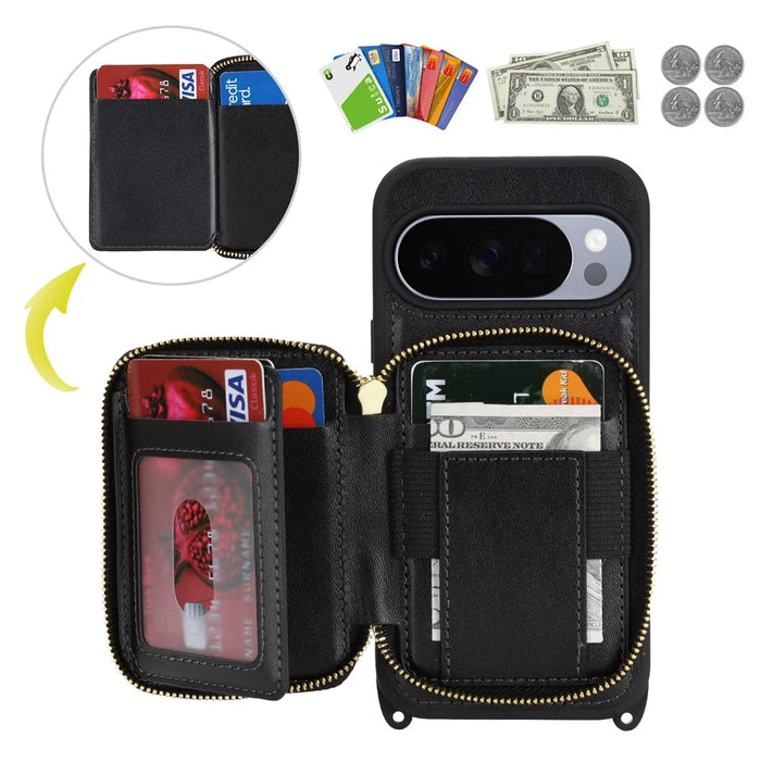 For Google Pixel 10 / 10 Pro Case Ring Holder Zipper Pocket Kickstand Leather Back Phone Cover with Shoulder Strap - Black - 5