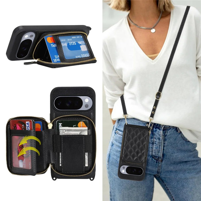 For Google Pixel 10 / 10 Pro Case Ring Holder Zipper Pocket Kickstand Leather Back Phone Cover with Shoulder Strap - Black - 6