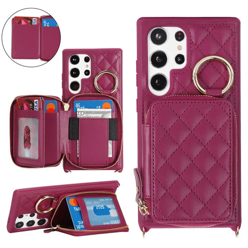 For Samsung Galaxy S24 Ultra Case Ring Holder Zipper Pocket Kickstand Leather Back Phone Cover with Shoulder Strap - Wine Red - 1