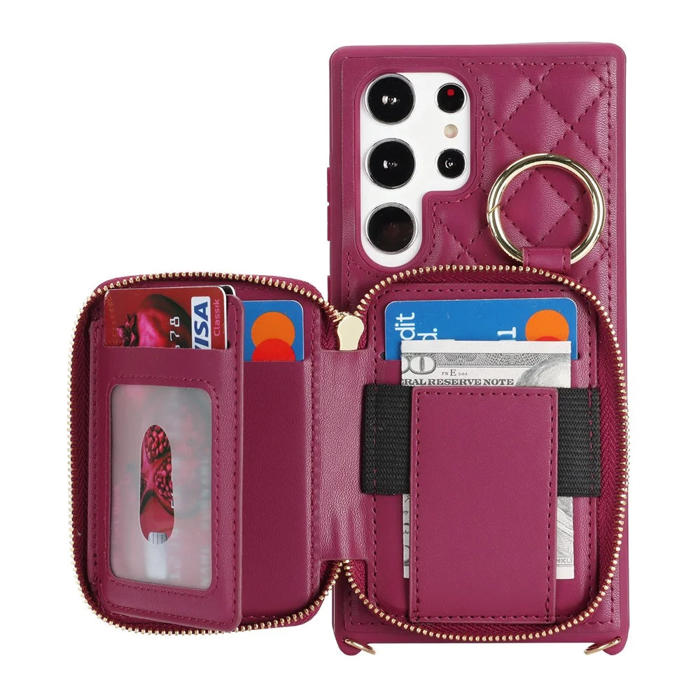 For Samsung Galaxy S24 Ultra Case Ring Holder Zipper Pocket Kickstand Leather Back Phone Cover with Shoulder Strap - Wine Red - 2