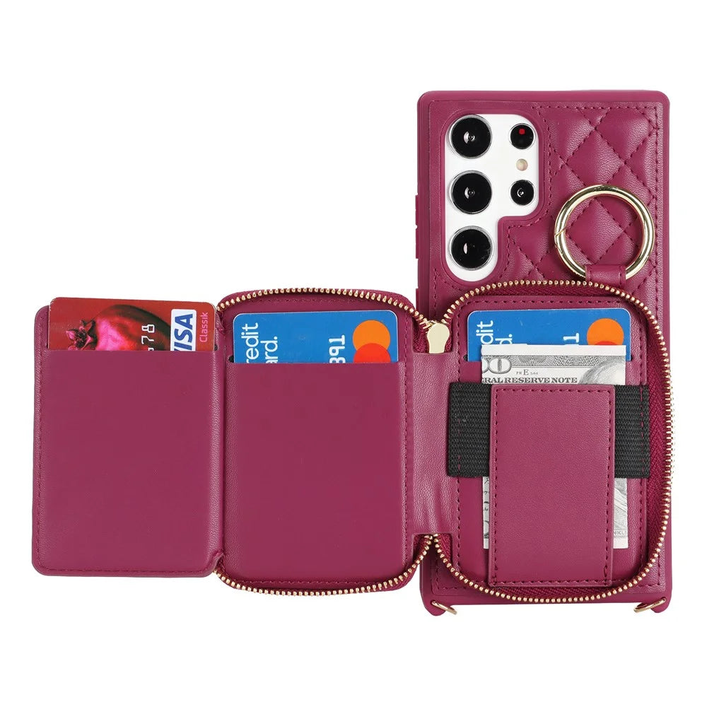For Samsung Galaxy S24 Ultra Case Ring Holder Zipper Pocket Kickstand Leather Back Phone Cover with Shoulder Strap - Wine Red - 3
