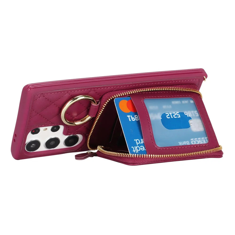 For Samsung Galaxy S24 Ultra Case Ring Holder Zipper Pocket Kickstand Leather Back Phone Cover with Shoulder Strap - Wine Red - 4