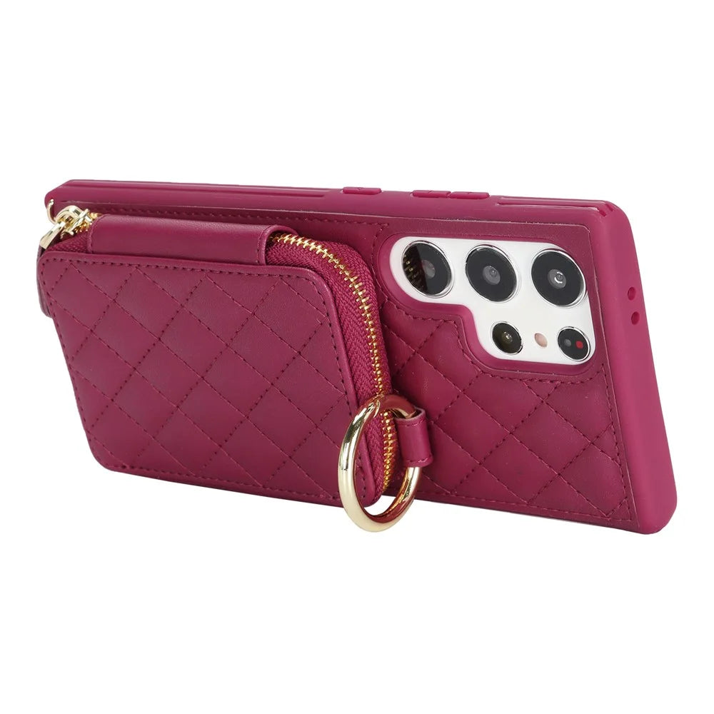 For Samsung Galaxy S24 Ultra Case Ring Holder Zipper Pocket Kickstand Leather Back Phone Cover with Shoulder Strap - Wine Red - 5